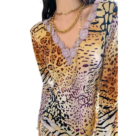 Natori Animal Print Dress Lace Trim Size Small - Picture 1 of 11